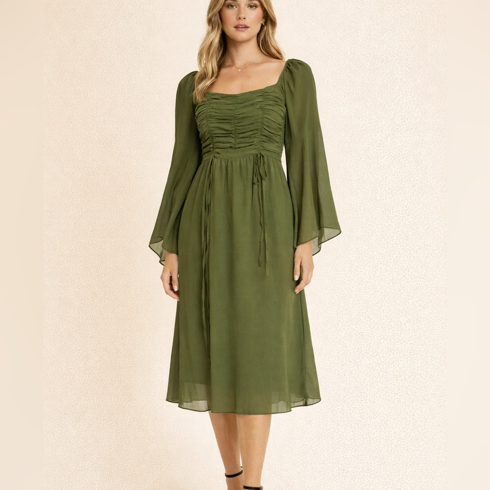 Scarlet Darkness Olive Green Chiffon Midi Dress Ruched Boho Cottagecore M NWT